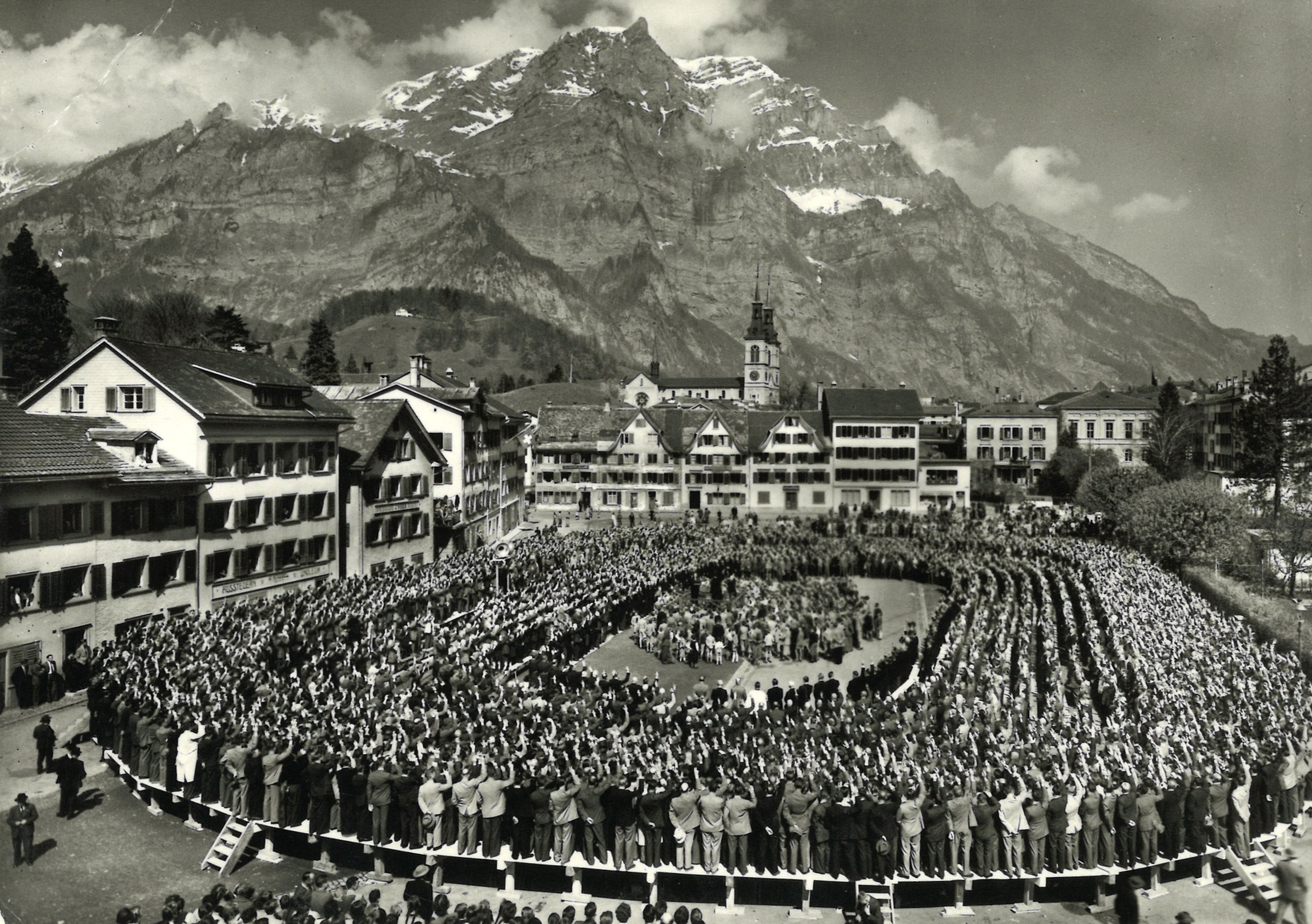 Citizens gathered at the Glarus Landsgemeinde open-air assembly